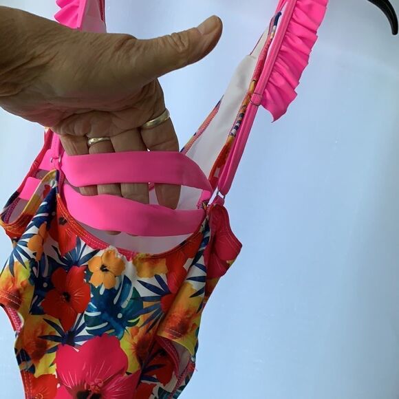 Size small pink, blue, red, yellow and white ruffle one piece swimsuit - Picture 3 of 7
